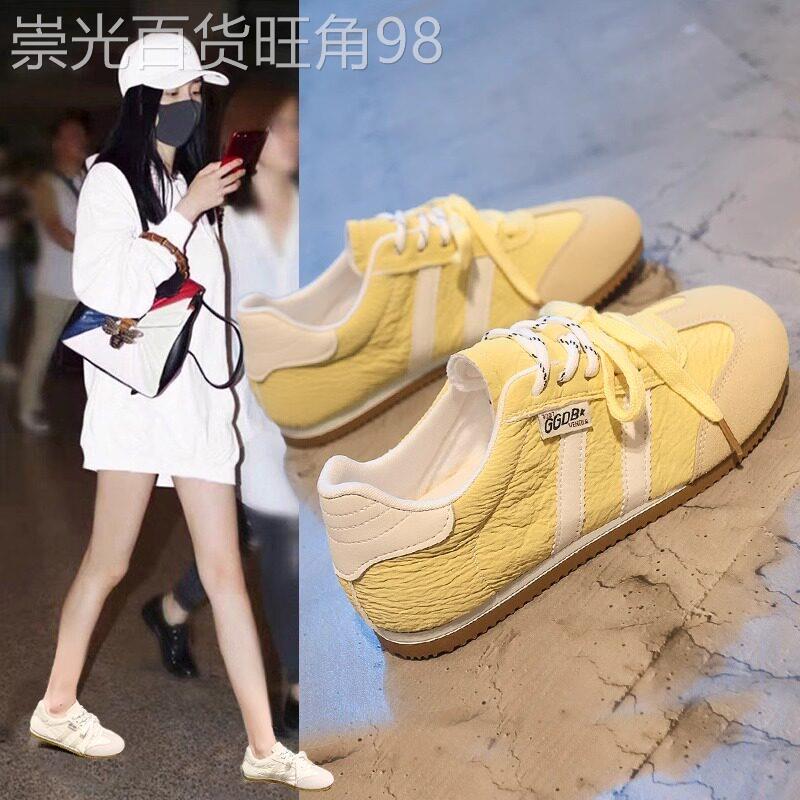 香港真皮黄色德训鞋女2025新款夏季透气阿甘板鞋子休闲运动小白鞋