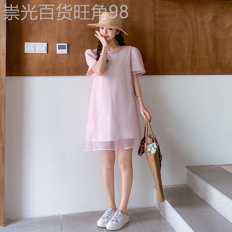 粉色薄纱洋装女夏季2026新款小个子甜美减龄蝴蝶结系带直筒裙子