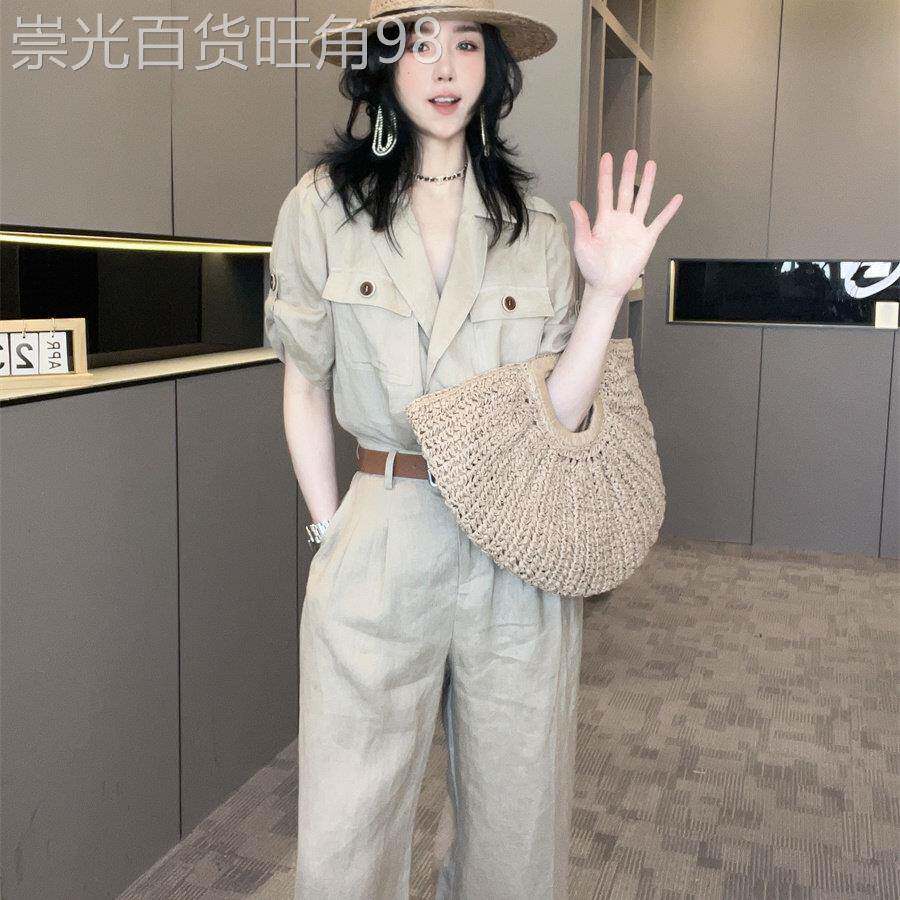 纯色麻料短袖连身裤女2026夏季新款腰带高腰显瘦翻领长裤欧洲站潮