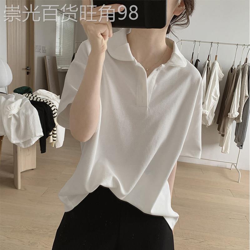 白色短袖T恤女2025夏季新款大尺码纯色T恤宽松显瘦半袖翻领polo衫