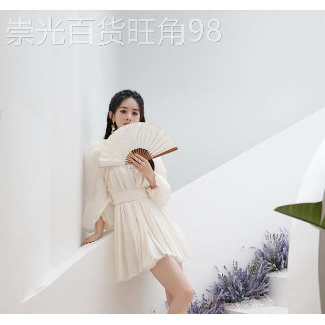 香港代购明星赵丽颖同款白色纱裙泡泡袖V领连衣裙长袖高腰短裙女