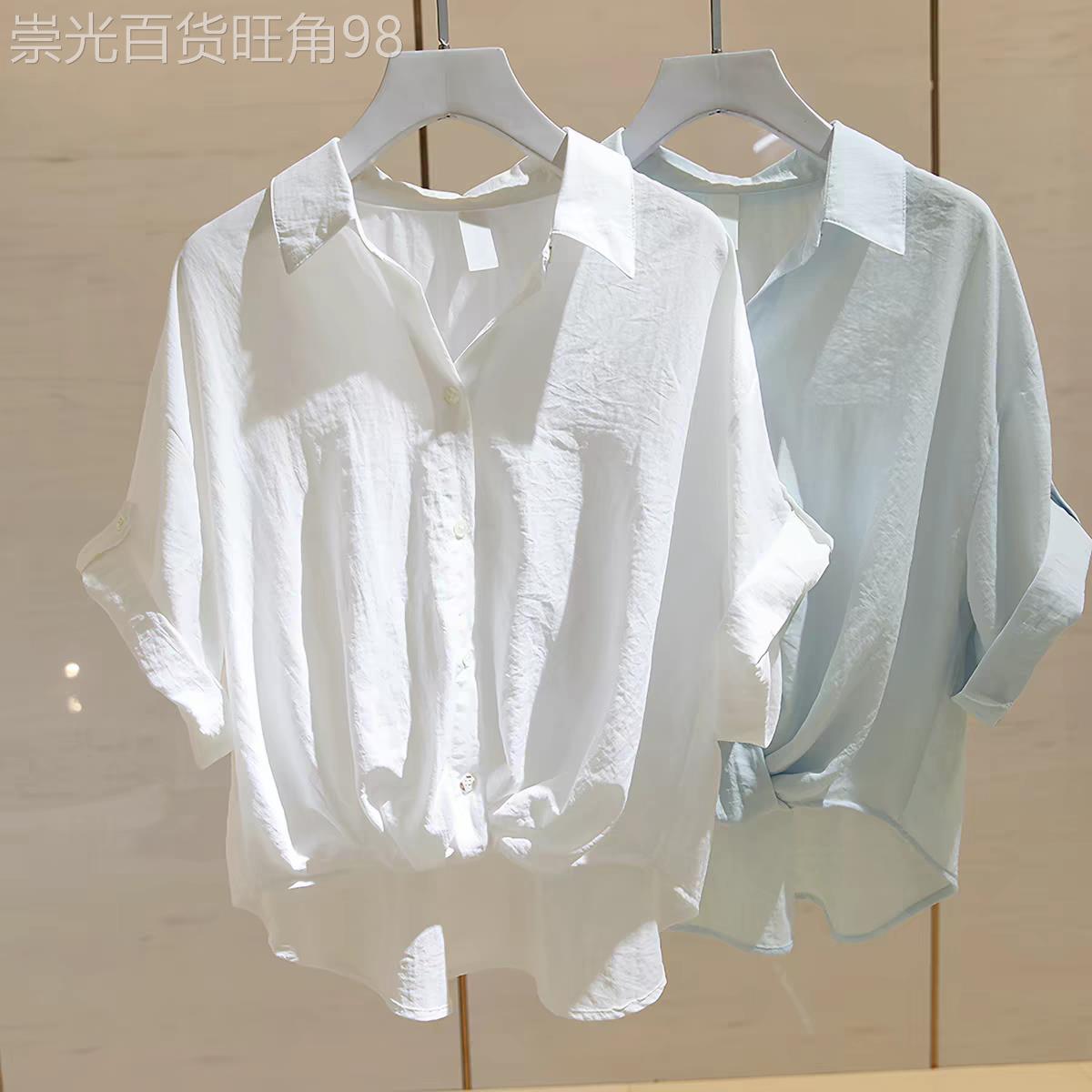 香港潮牌白色扭结V领短袖衬衫女夏季法式宽松显瘦薄款衬衫上衣潮