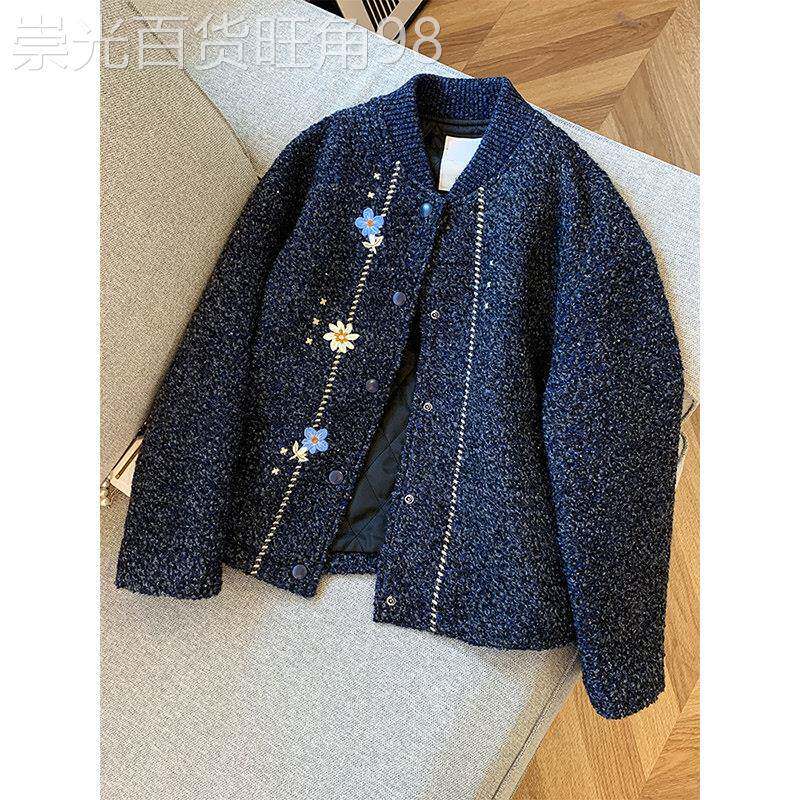 2025年冬新款小香风蓝色刺绣棉服外套女千金风高级感加厚保暖上衣