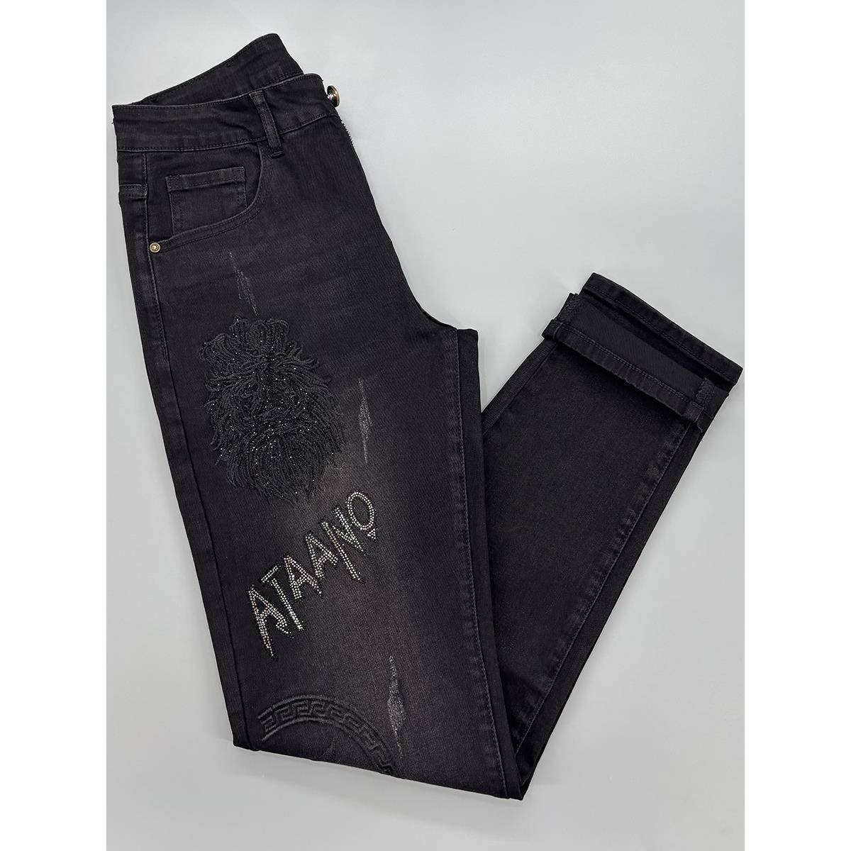 潮牌刺绣冬季加绒加厚牛仔裤男高端黑色烫钻弹力修身2025爆款裤子