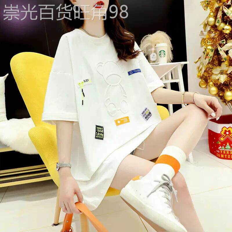 欧洲站中长款短袖T恤女2026新款夏季宽松韩版大码圆领小熊上衣潮