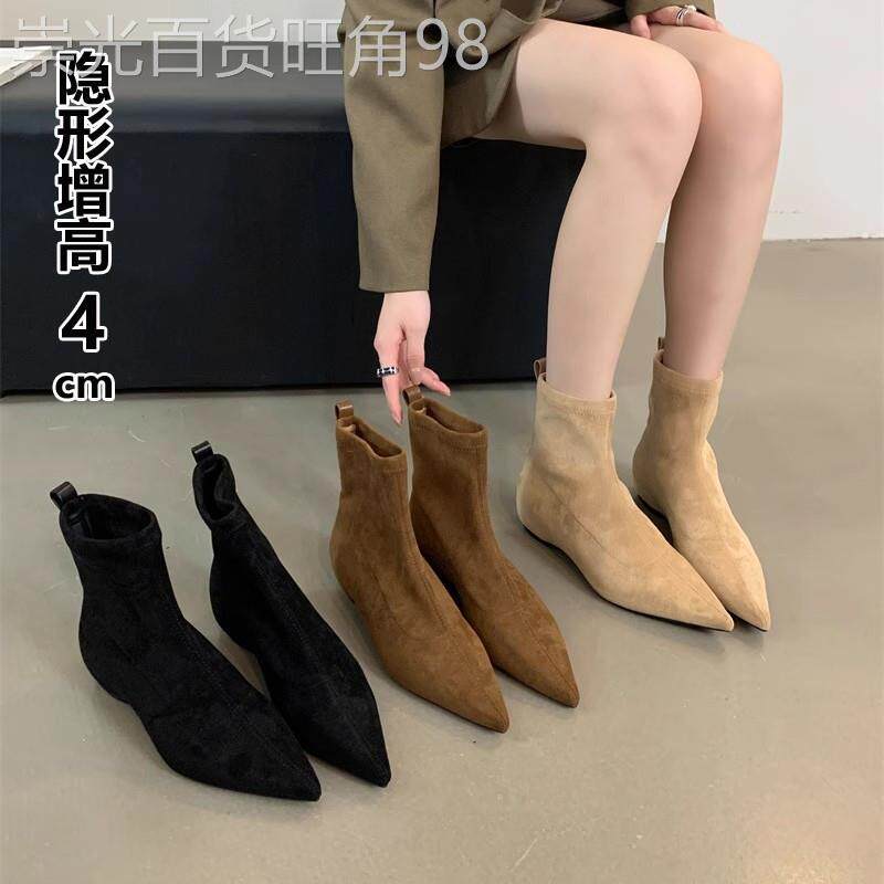 轻奢内增高尖头短靴女2025新款秋季单靴小个子百搭绒面裸靴瘦瘦靴