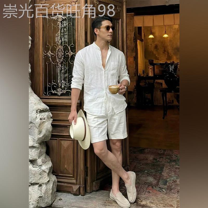 高端2026夏季新款老钱风棉麻套装男士轻薄衬衣短裤休闲穿搭两件套