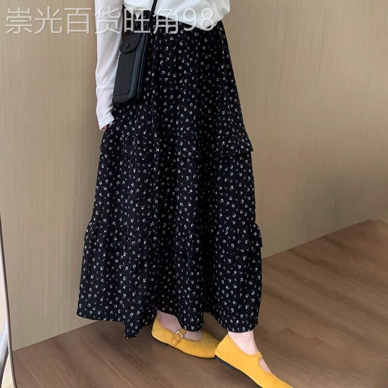 法式黑色碎花半身裙女春夏新款高腰显瘦遮胯a字半裙中长版大摆裙