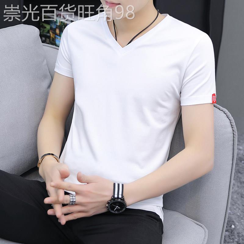 冰丝短袖t恤男2025夏季新款V领修身潮流韩版白色百搭男士半袖体恤