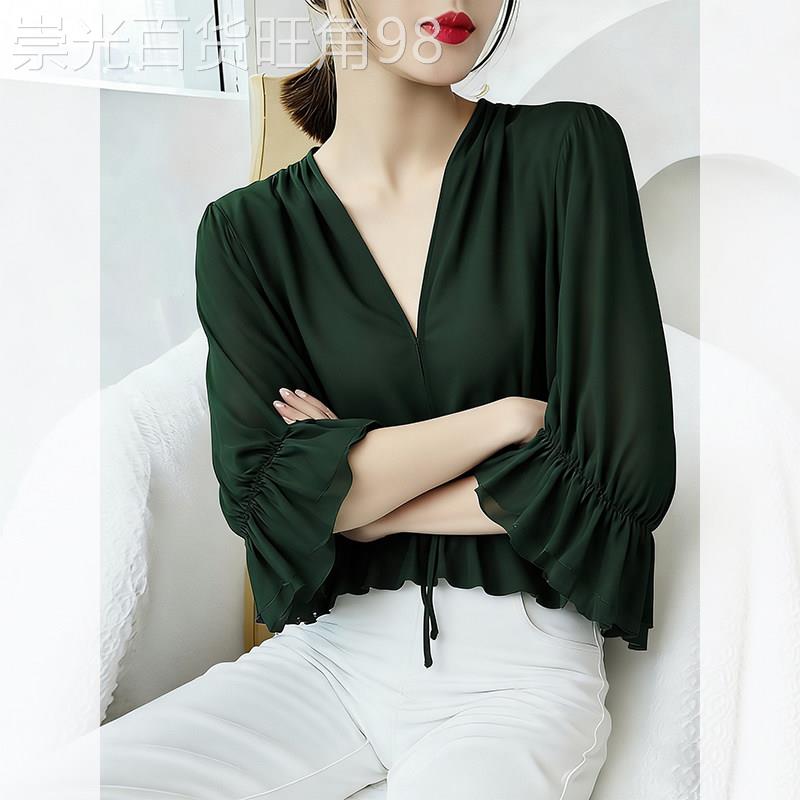 复古荷叶边七分袖衬衫2026春夏新款女上衣减龄百搭雪纺衫显瘦宽松