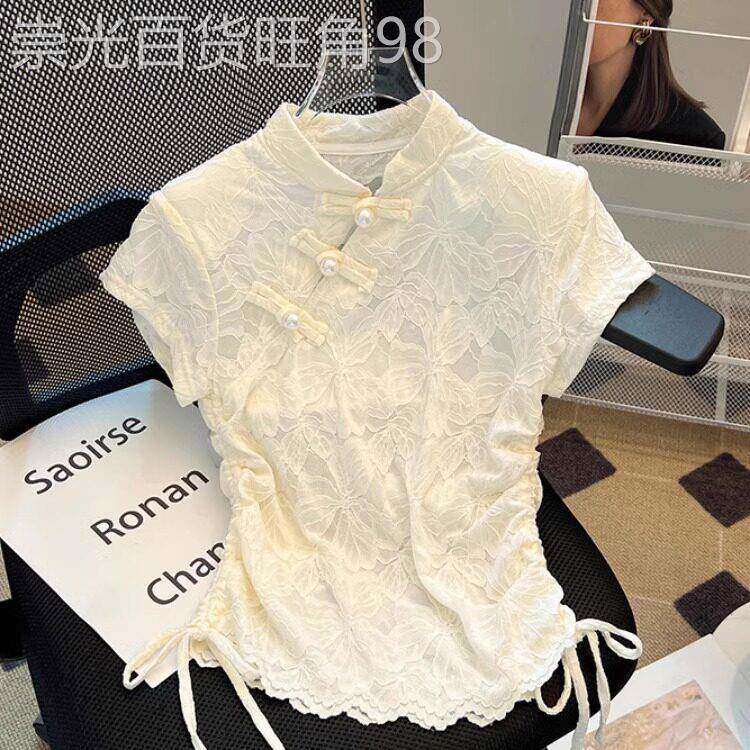 法式立领蕾丝短袖t恤女2025年夏季新款时尚收腰短款覆古盘扣上衣