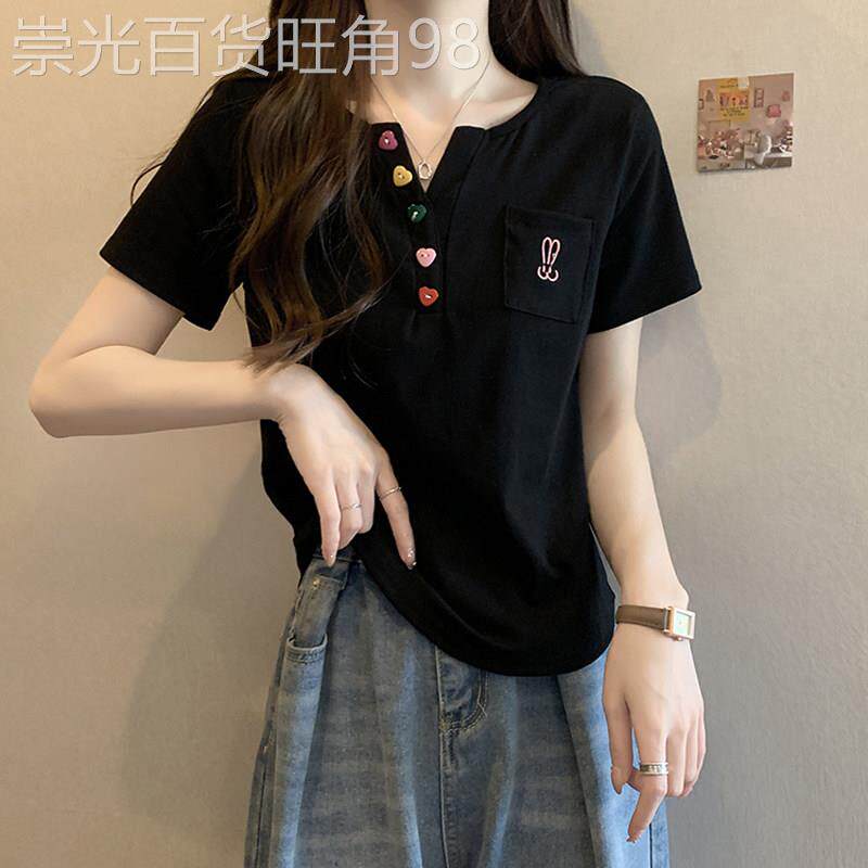 纯棉短袖t恤女夏装2026新款减龄宽松遮肚子显瘦别致正肩大码上衣