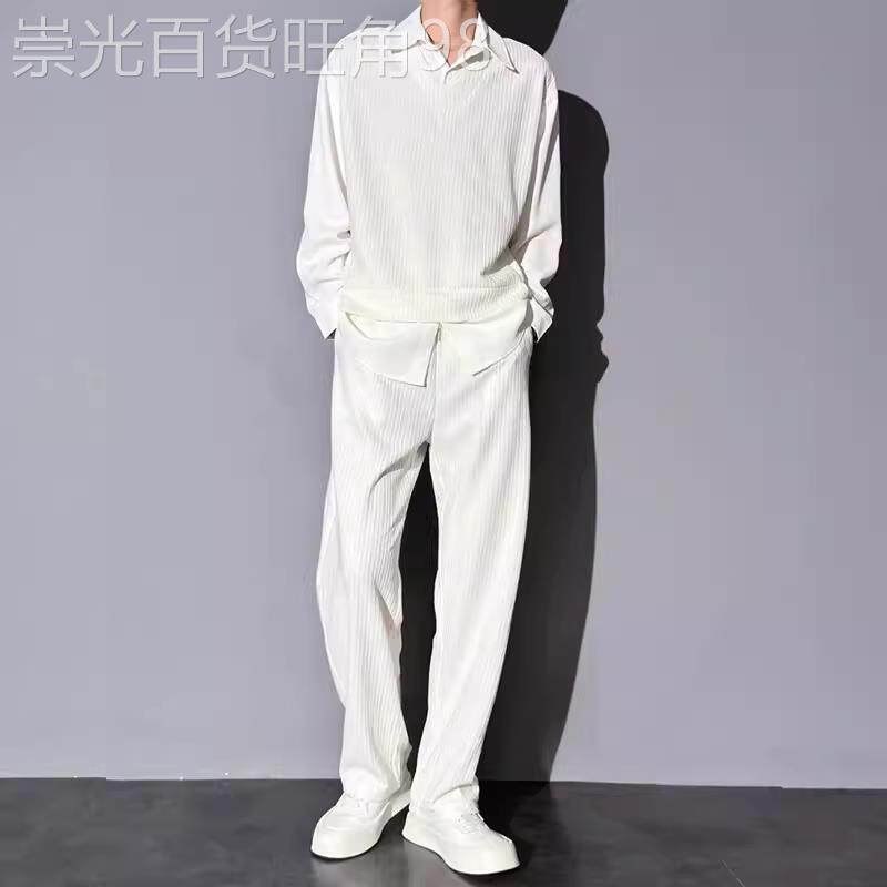 韩系潮流设计感假两件长袖衬衫男春季休闲高级垂感痞帅衬衣套装