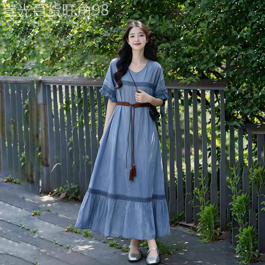 法式气质蓝色洋装女2026夏季新款小个子高级感独特巨好看长裙子
