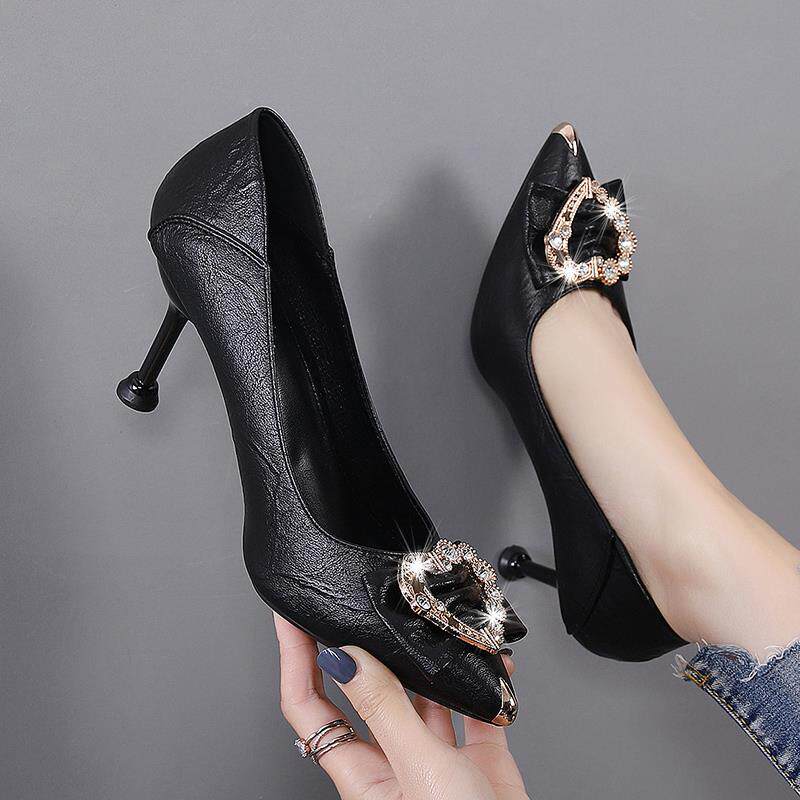 香港真皮高跟鞋女尖头浅口2025春秋新款百搭细跟中跟职业工作单鞋