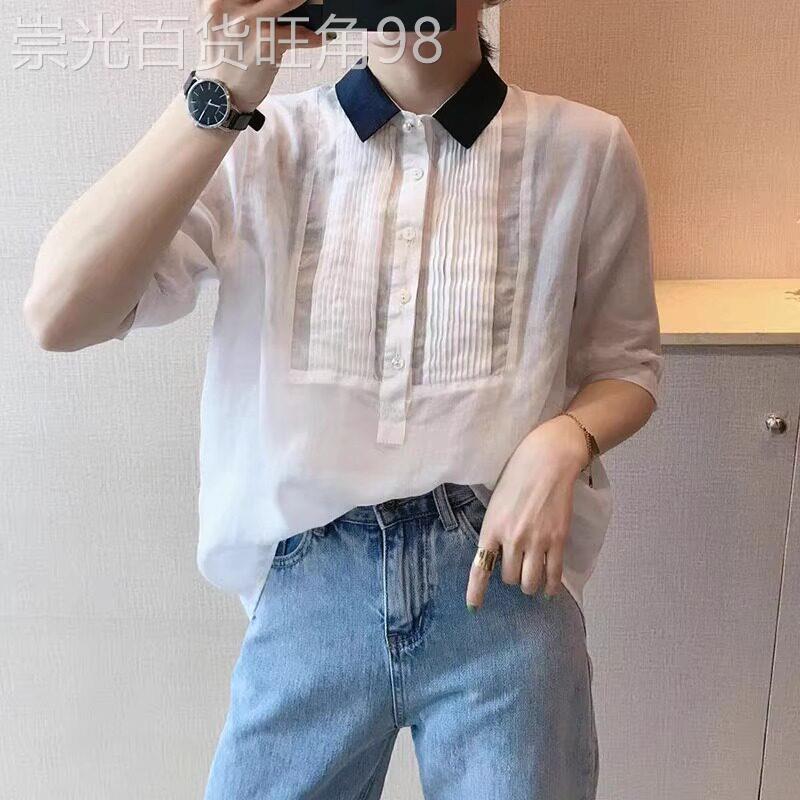 欧货翻领短袖衬衫女夏2026新款韩版宽松百搭时尚压褶衬衣减龄上衣