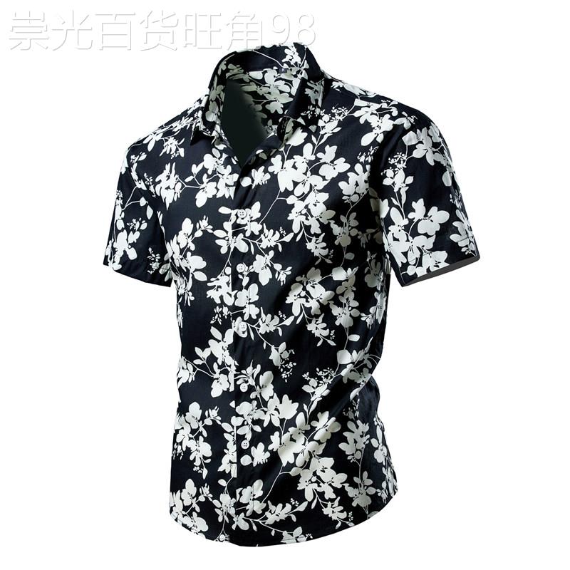 高级感!宽松上衣半袖碎花衣寸沙滩度假衣黑白花纹印花短袖花衬衫