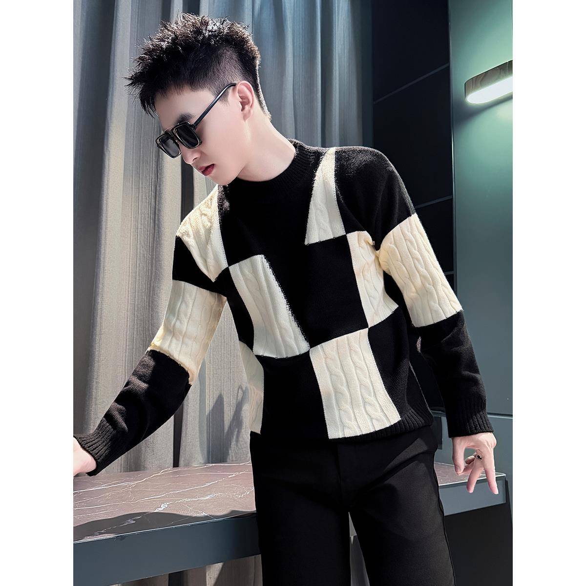 秋冬季撞色毛衣男款格子内搭针织衫新款高级感痞帅加厚保暖打底衫