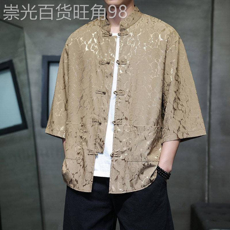 中国风冰丝新中式短袖衬衫男士夏季复古风汉服盘扣上衣唐装花衬衣