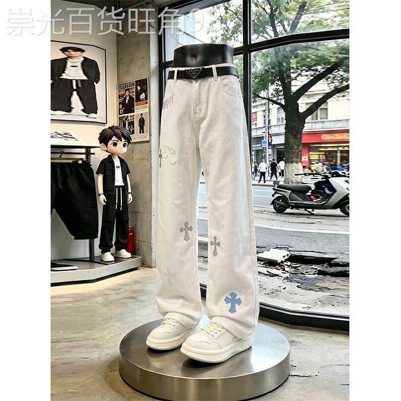 潮牌美式高街裤子直筒微喇长裤男款夏季撞色十字架刺绣白色牛仔裤