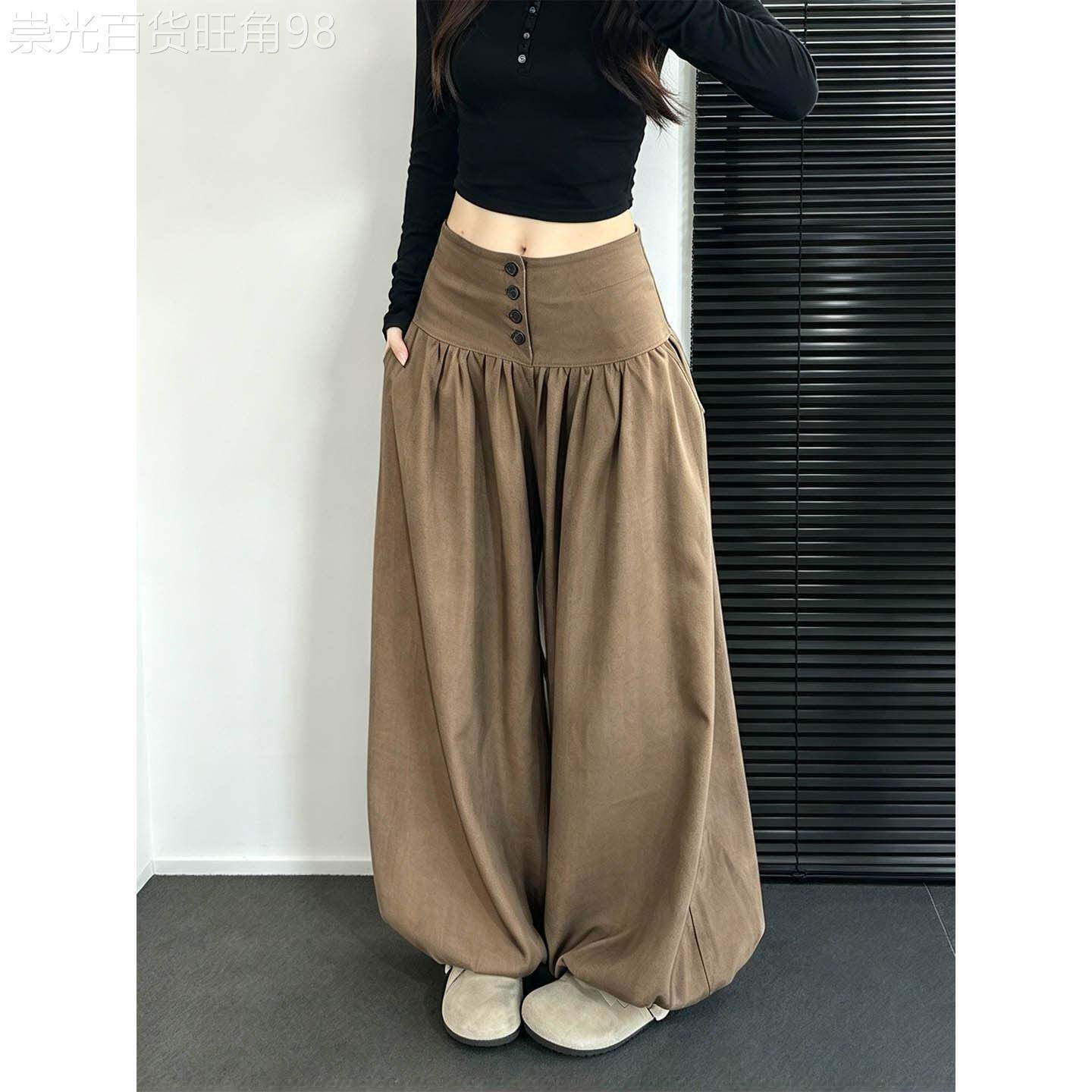 卡其色阔腿裤女春秋欧货高腰显瘦垂感排扣设计感灯笼裤宽松休闲裤