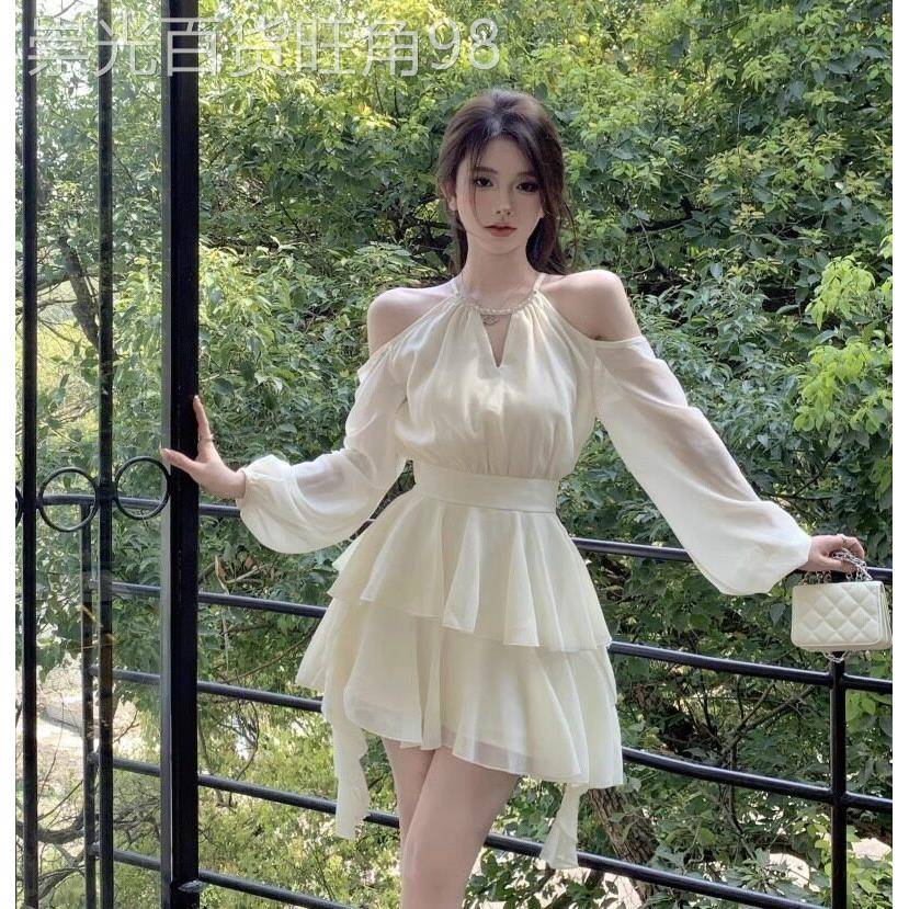 日系早秋法式白色长袖洋装仙女夏季仙气收腰甜美雪纺荷叶边短裙