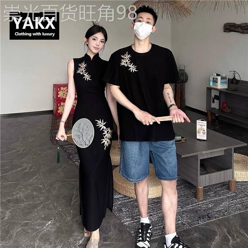 新中式情侣装夏季小众设计感短袖t恤男旗袍连衣裙女法式一裙一衣