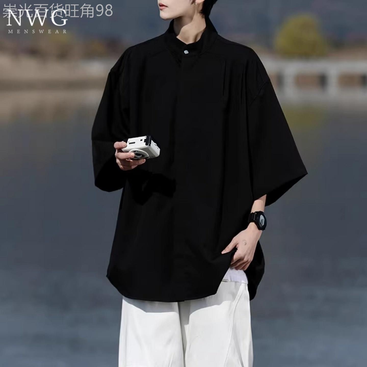 新中式七分袖衬衫男夏季百搭宽松大尺码冰丝短袖衬衫男凉感休闲外