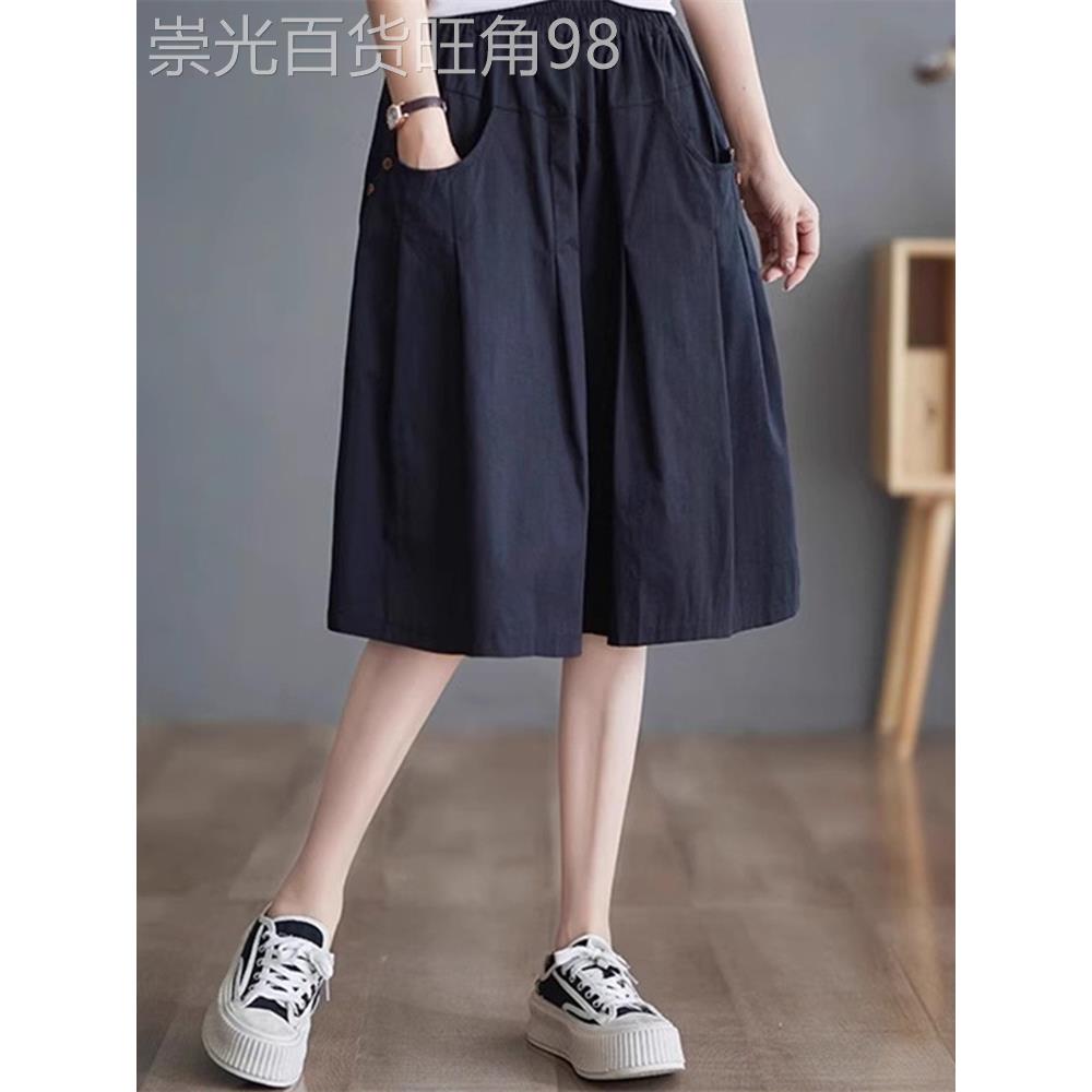 休闲阔腿短裤女性夏季新大尺寸宽松修身高腰全能纯色女性五分之一