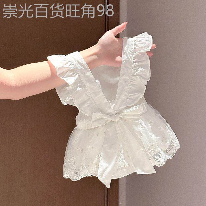 法国BADNUT婴儿飞袖连身衣夏季纯白蕾丝提花宝宝童装洋派爬服外出