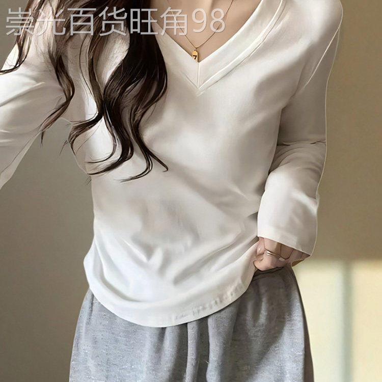 V领正肩长袖T恤女春秋2026年新款内搭修身打底衫收腰显瘦胖mm上衣
