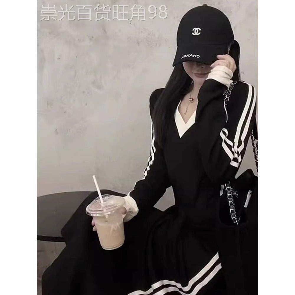 日系春秋2025新款黑色v领长袖连衣裙女法式赫本风高级感收腰长裙