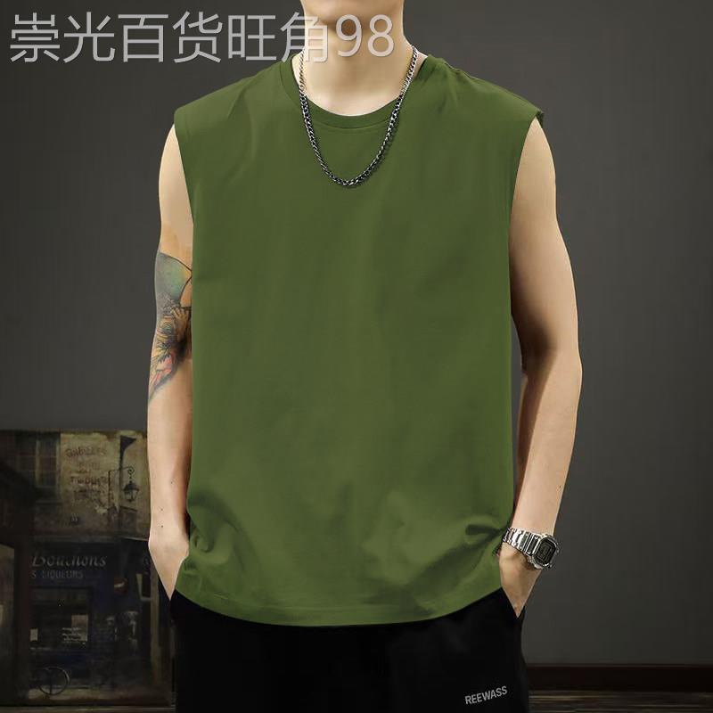 2026军绿色纯棉无袖t恤男夏季健身运动休闲坎肩宽松大码背心上衣