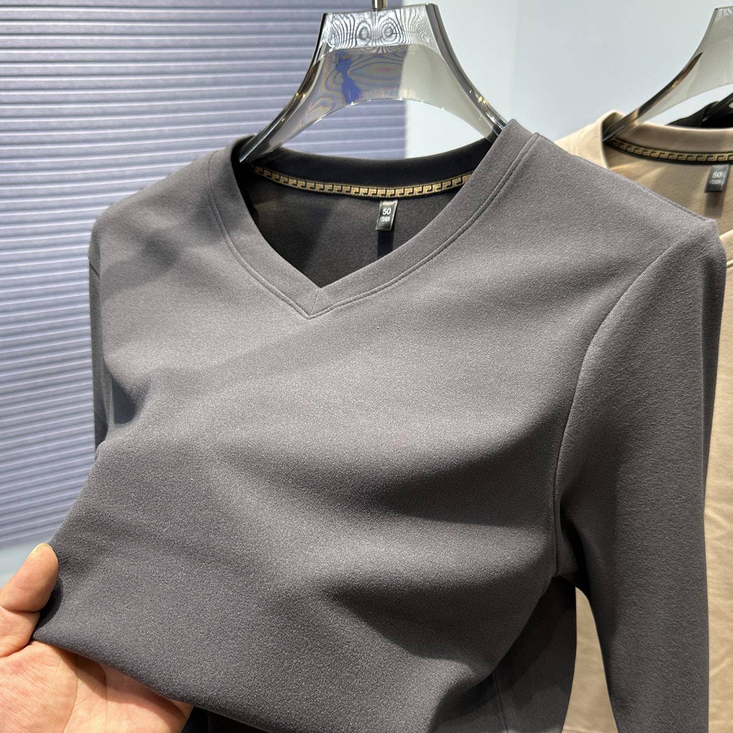 双面绒打底衫男秋冬季加厚鸡心领长袖T恤百搭纯色一体绒内搭上衣