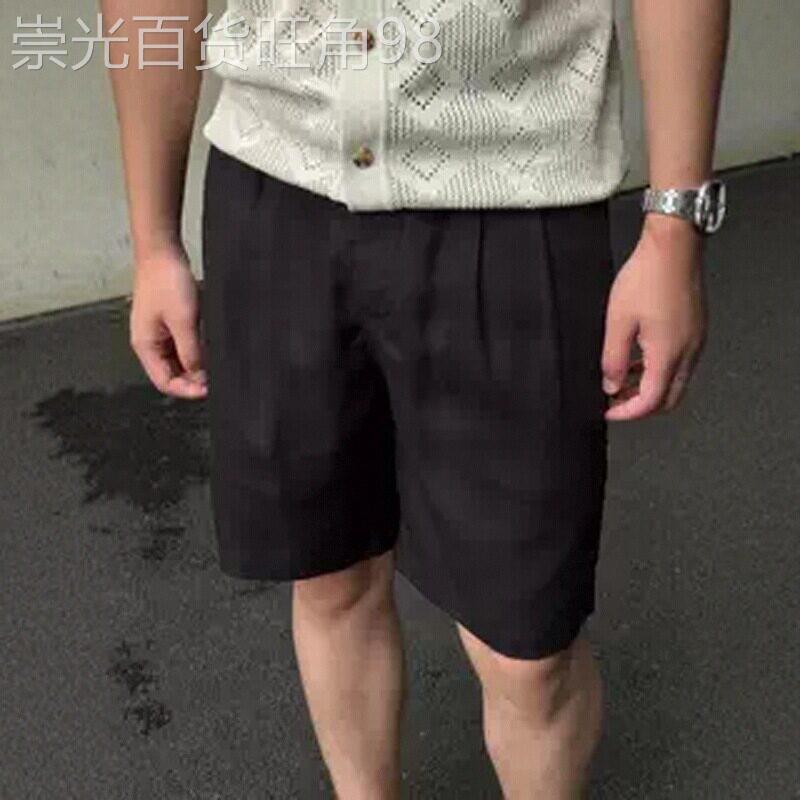 潮牌夏季老钱风亚麻休闲短裤男简约百搭直筒裤透气松弛纯色五分裤