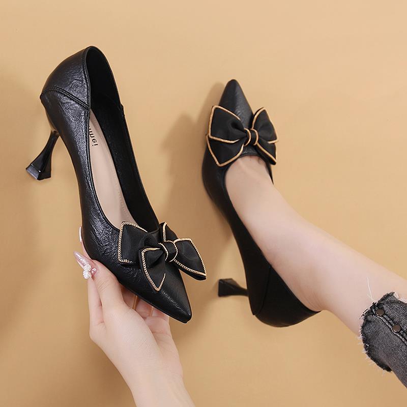 香港真皮尖头高跟鞋女细跟气质名媛小皮鞋2025年新款浅口中跟单鞋