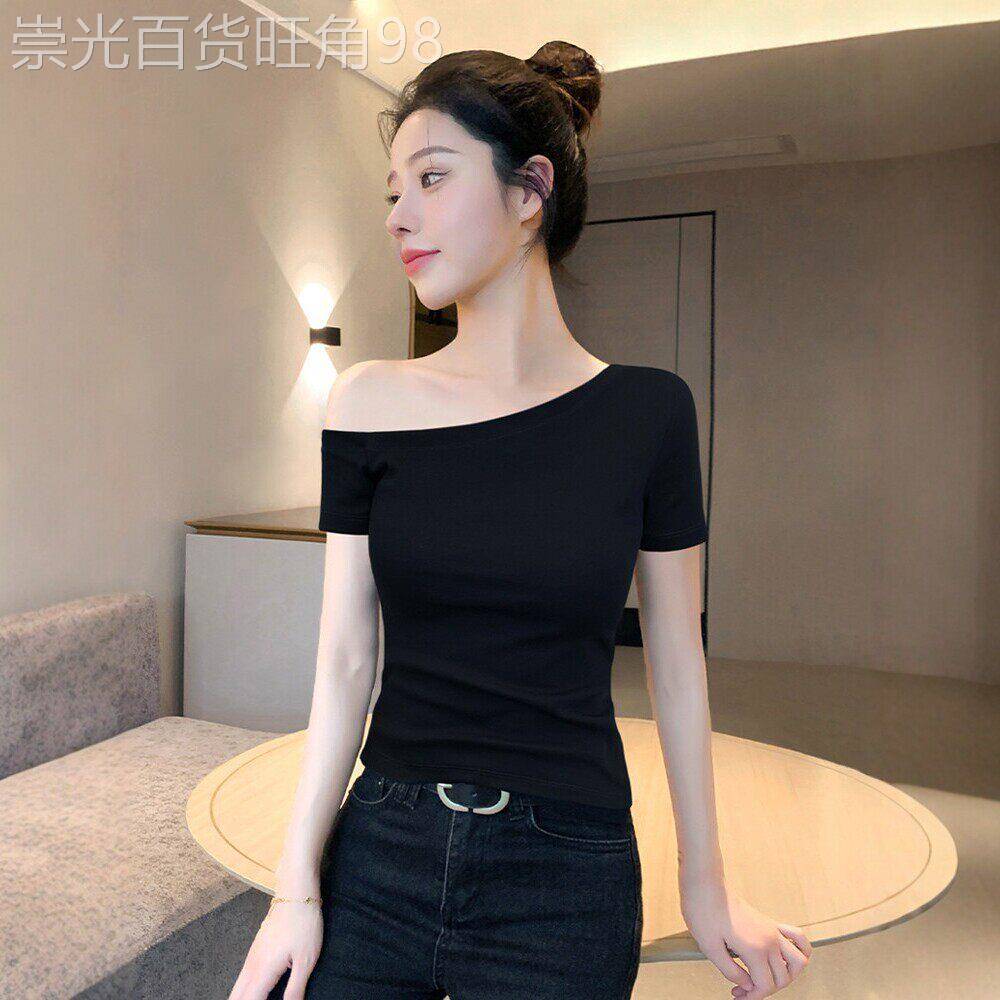 专柜黑色露肩短袖t恤女装夏季新款不规则设计感修身显瘦斜肩上衣