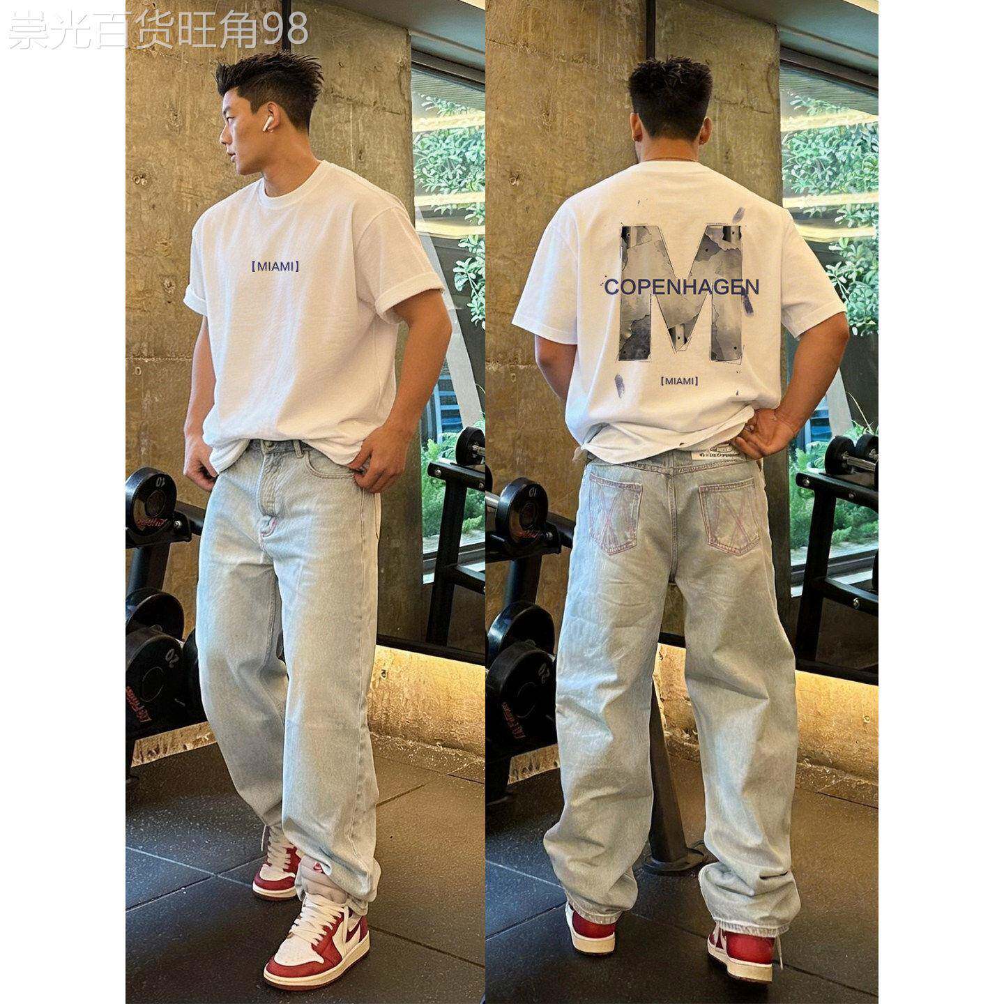 香港潮牌美式hiphop嘻哈M字母短袖T恤男夏季重磅纯棉青年休闲上衣