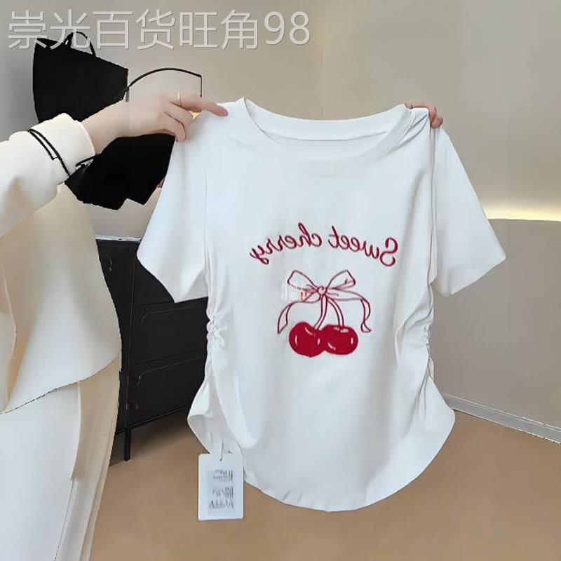 正肩短袖t恤女夏季薄款2026新款大码显瘦设计感白色半袖体恤上衣