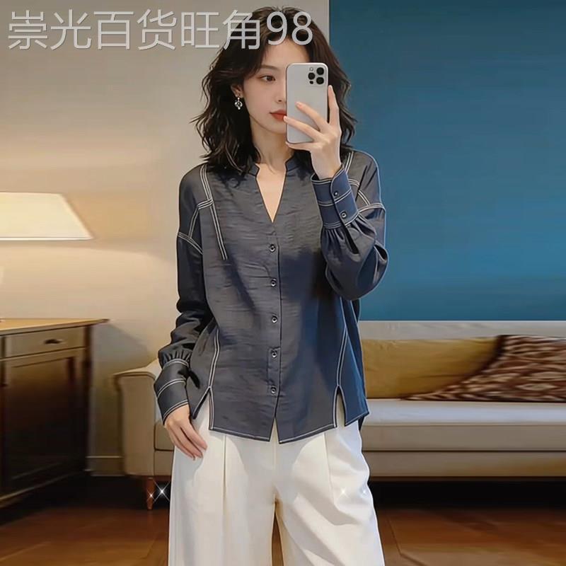 香港代购法式V领长袖衬衫女春季新款宽松显瘦设计感通勤衬衣上衣