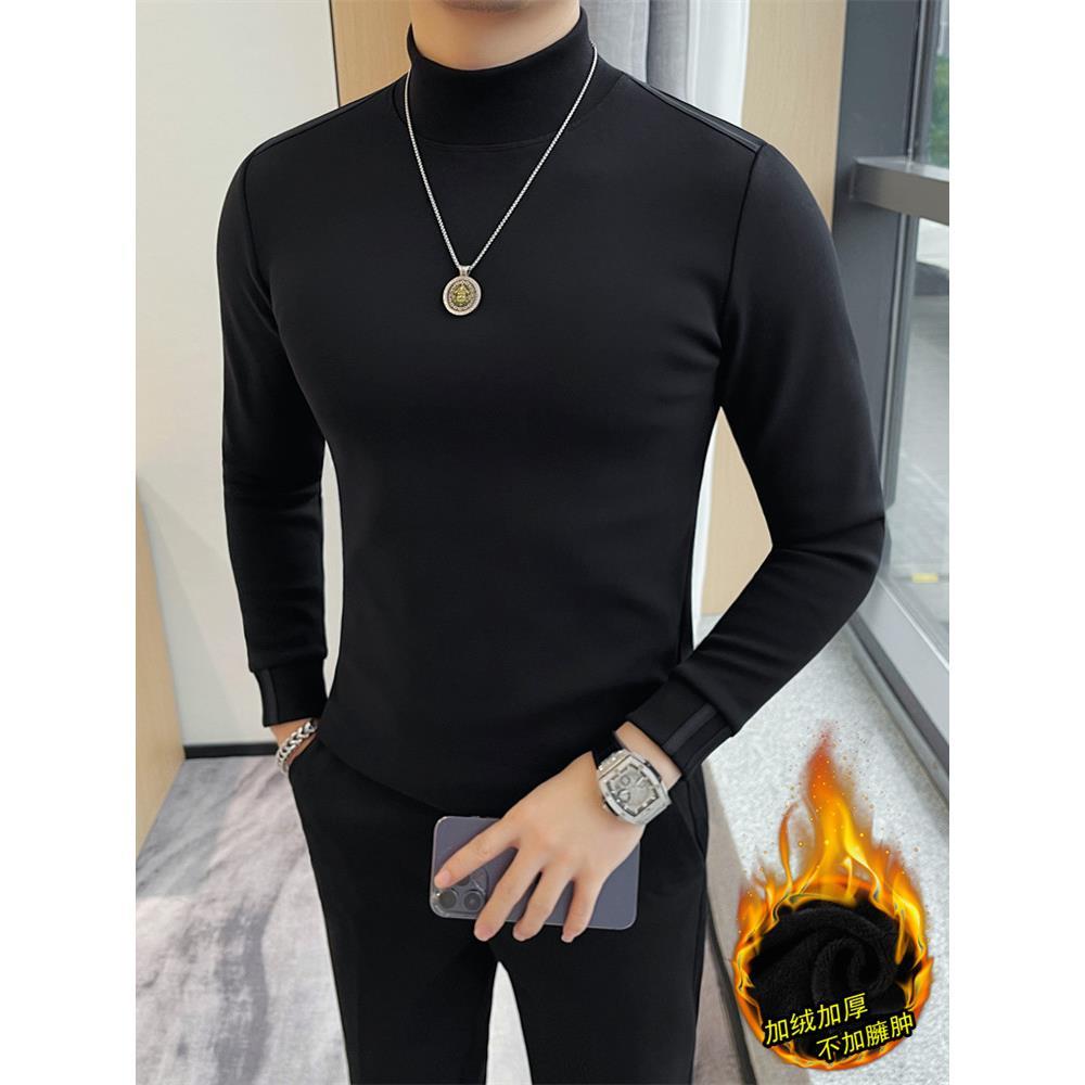 冬季纯棉加绒加厚长袖T恤男半高领潮流修身内搭保暖上衣打底衫