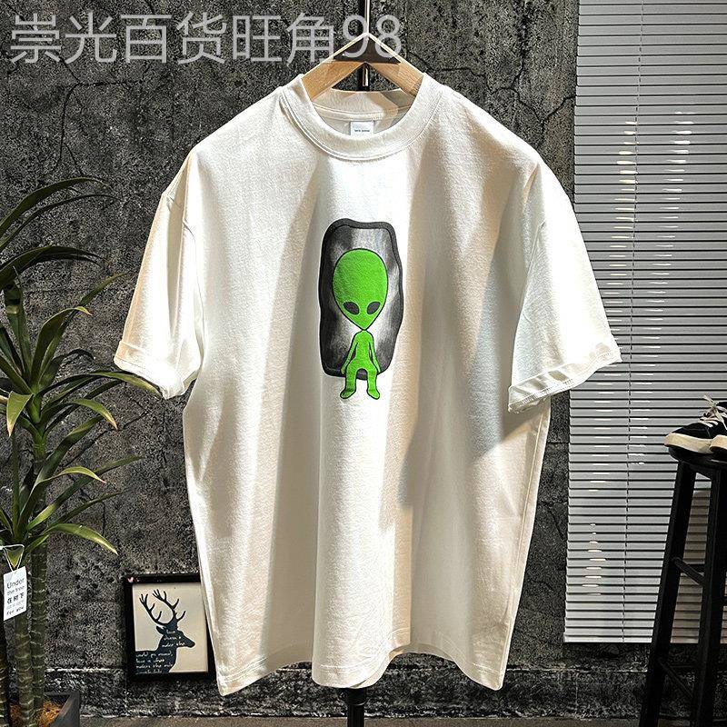 潮牌新品港风夏季男士白色短袖T恤宽松大码圆领外星人印花半袖男