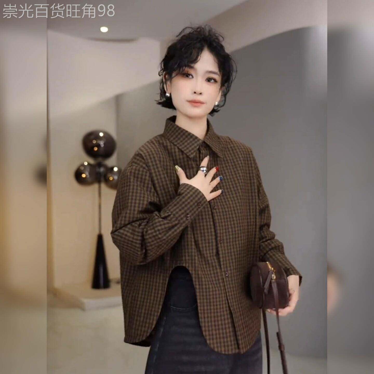 港风咖色复古格子翻领衬衫女2025秋季新款韩系宽松显瘦百搭上衣潮