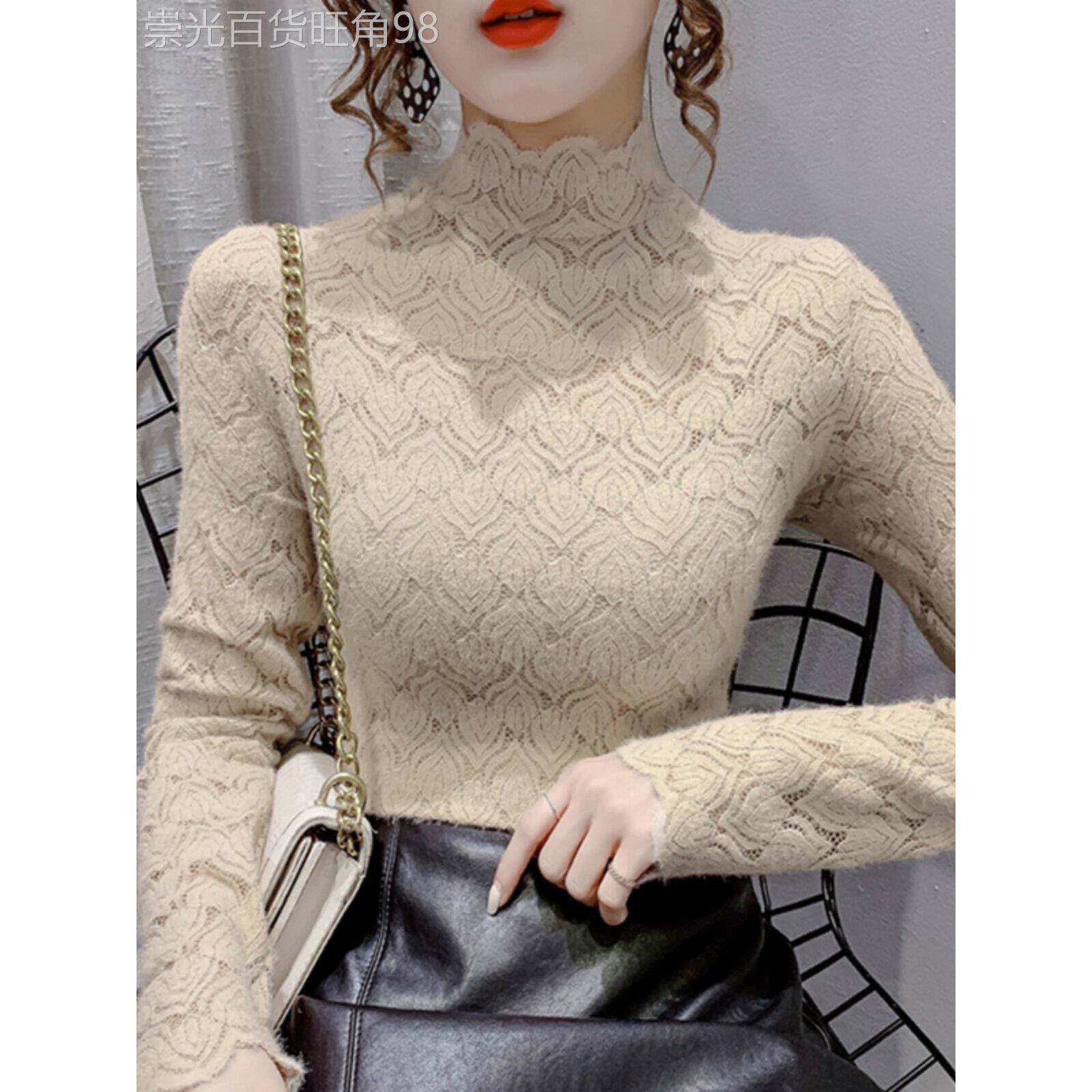潮牌半高领蕾丝打底衫女士秋冬新款加绒小衫内搭洋气磨毛网纱上衣