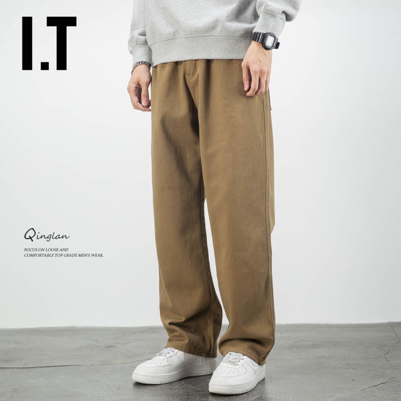 香港潮牌卡其色纯棉休闲裤男直筒宽松潮流大码垂感日系秋冬长裤男