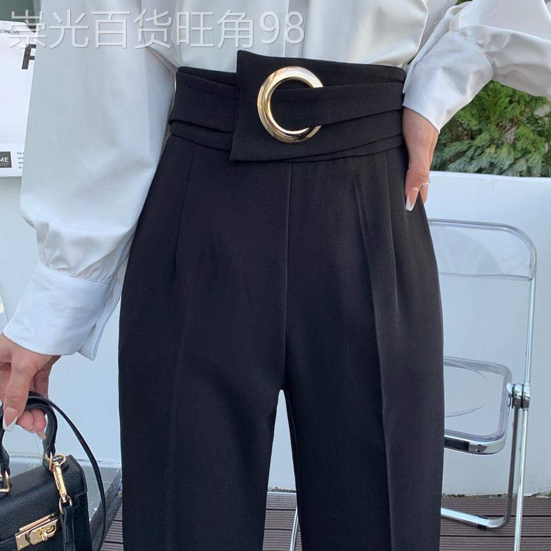 黑色休闲九分西装裤女夏装小个子高腰直筒哈伦裤职业烟管裤锥形裤