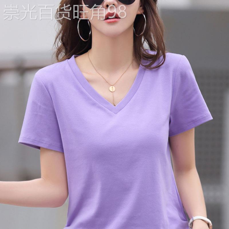 纯棉V领短袖T恤女士夏季新款洋派减龄设计感褶皱宽松显瘦正肩上衣