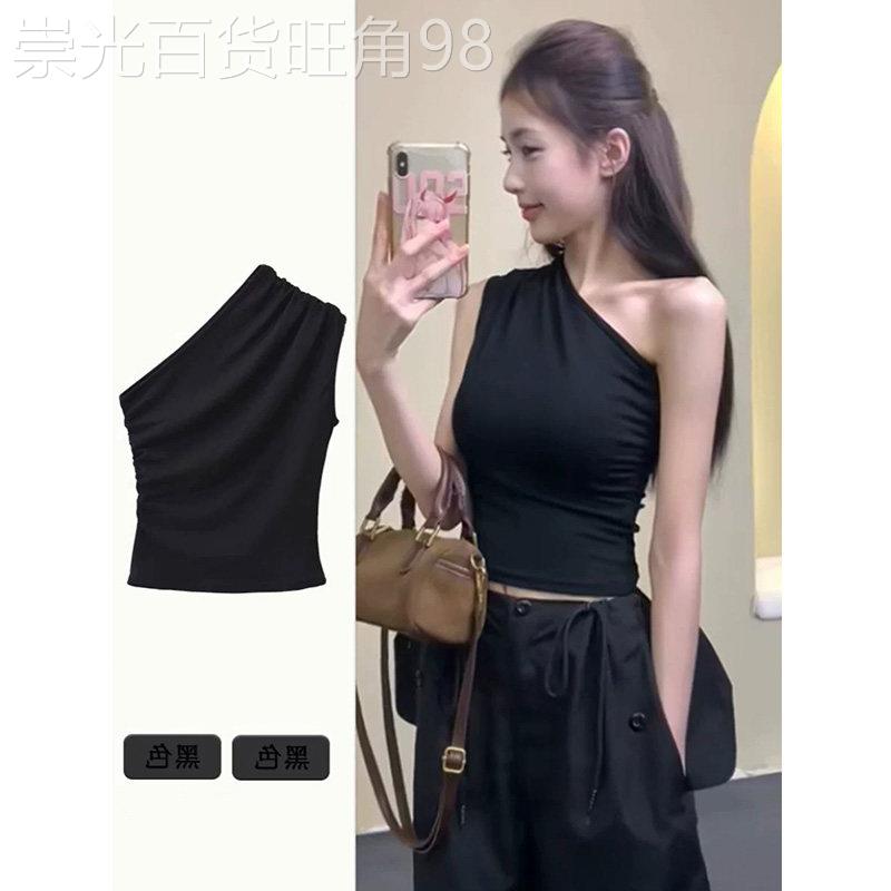 夏季黑色斜肩背心女外穿独特绝美辣妹短款无袖露肩设计感掐腰上衣