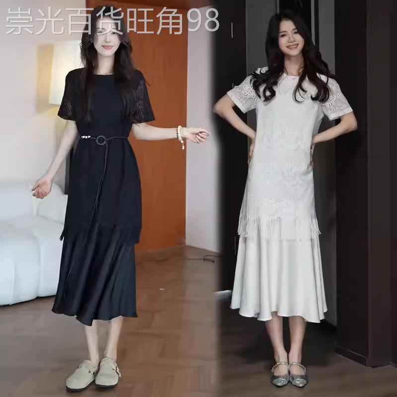香港代购连衣裙女2026夏季新款轻熟风蕾丝流苏假两件中长款气质裙