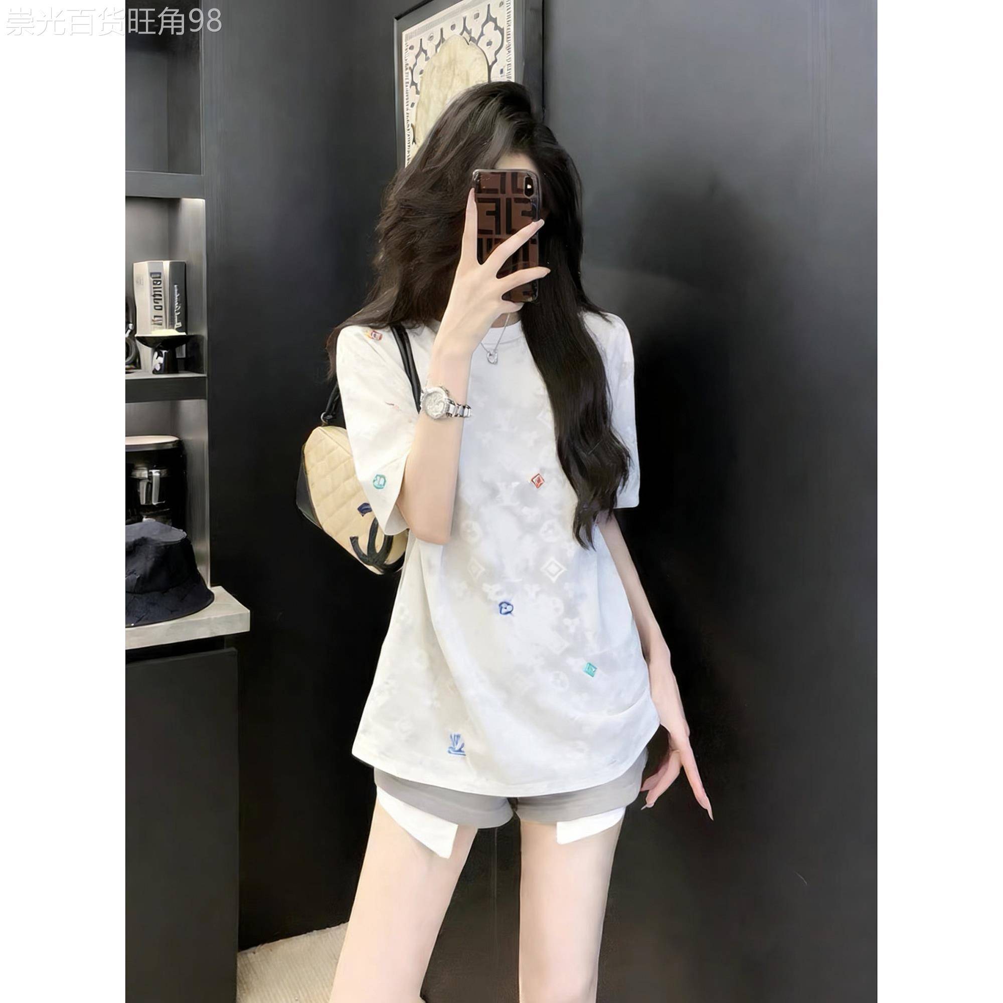 白色短袖女t恤夏季新款独特减龄绝美高级小众中长款休闲圆领上衣